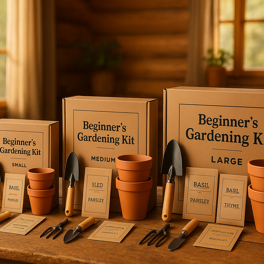 a product page photo for my beginners gardening kit. small medium and large. elegant set inside a cabin on a table with warm light