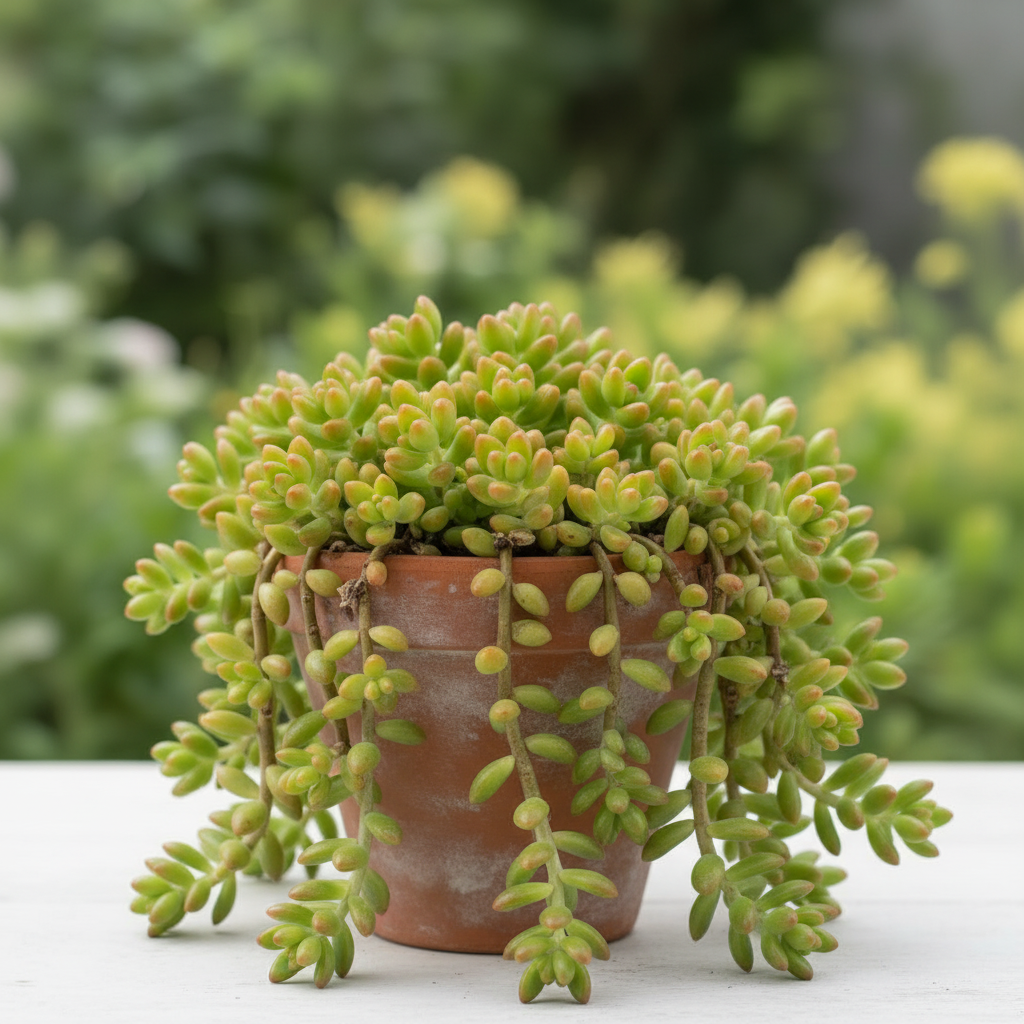 Sedum rubrotinctum 'Pork and Beans' Jelly Bean Plant with sprawling trailing stems in a natural clay pot
